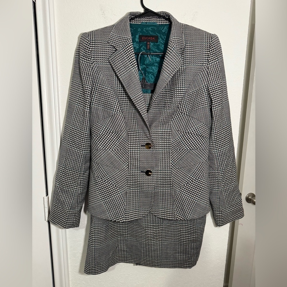 Escada Virgin Wool Black White Houndstooth Blazer Jacket Suit Set Womens EU 40